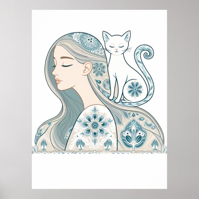 Elegant Utformning av kvinna och katt Blommigt Art Poster (Framsidan)