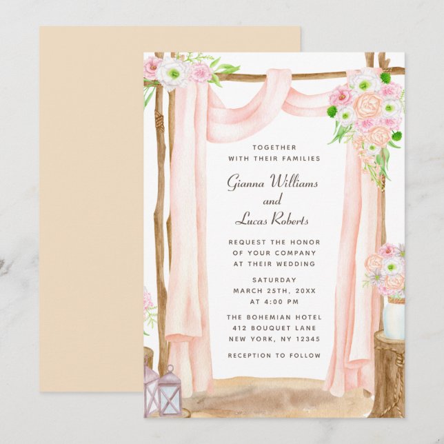 Elegant Utomhusvattenfärgen Rosa Blommigt Bröllop Inbjudningar (Fram/baksida)