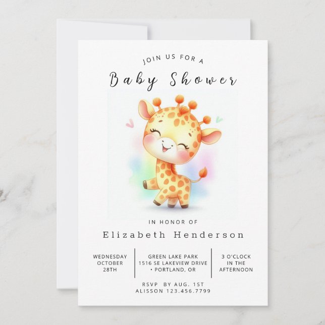 Elegant utskrivbar giraff baby shower inbjudningar (Framsida)