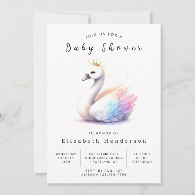 Elegant Utskrivbar Svan Baby Shower Inbjudningar (Framsida)