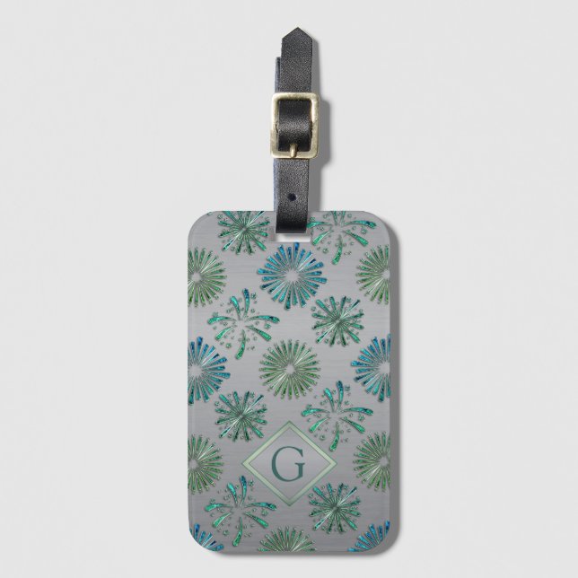 Elegant utsmyckad blågrön mönster monogram bagagebricka (Framsida vertikal)