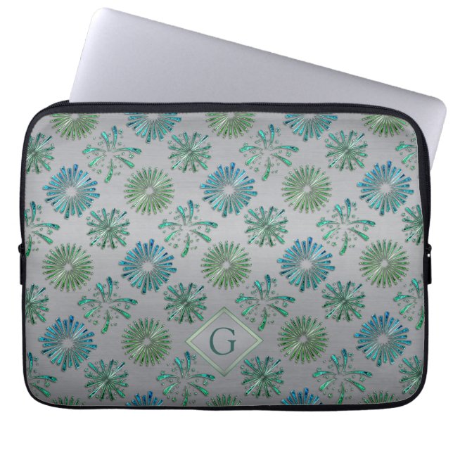 Elegant utsmyckad blågrön mönster monogram laptop fodral (Framsidan)