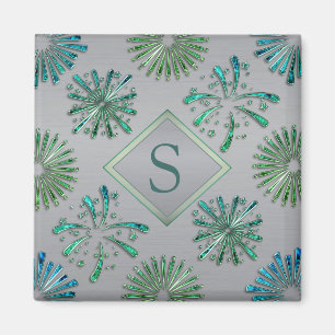Elegant utsmyckad blågrön mönster monogram magnet