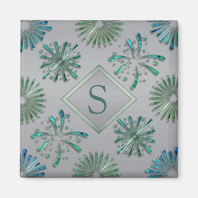 Elegant utsmyckad blågrön mönster monogram magnet (Framsidan)