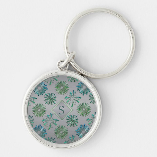 Elegant utsmyckad blågrön mönster monogram rund silverfärgad nyckelring (Framsidan)