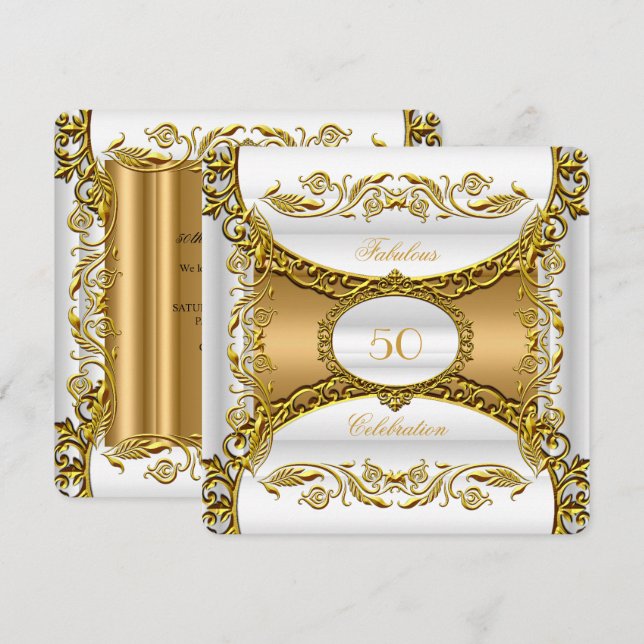 Elegant Utsmyckad Vit Guld Fantastisk 50-årsdag Inbjudningar (Fram/baksida)