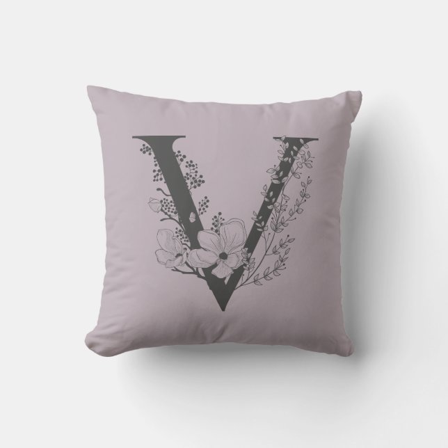 Elegant V Boho Blommigt Monogram Initial Lilac Grå Kudde (Framsida)