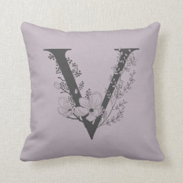 Elegant V Boho Blommigt Monogram Initial Lilac Grå Kudde