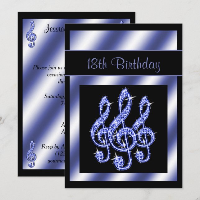 Elegant, vacker blå diskantnyckel 18-årsdag inbjudningar (Fram/baksida)