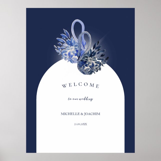 Elegant Vacker Blå Svanar Akvarell Konst Poster (Framsidan)