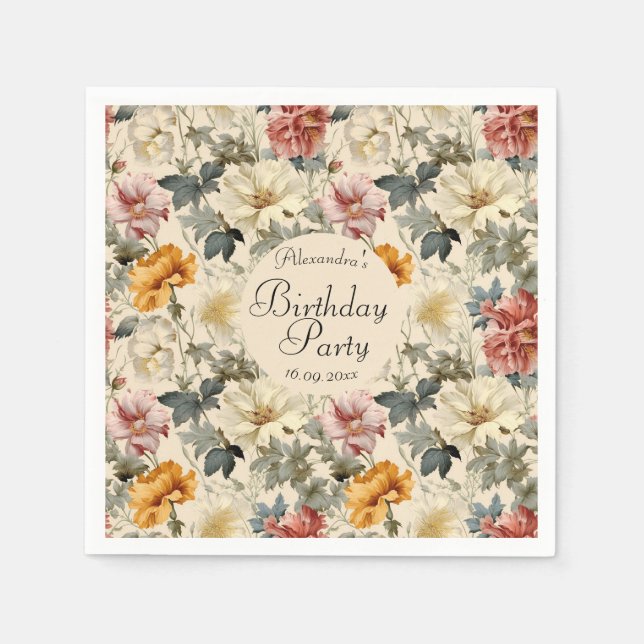 Elegant vacker blommigt Vintage mönster födelsedag Pappersservett (Framsidan)