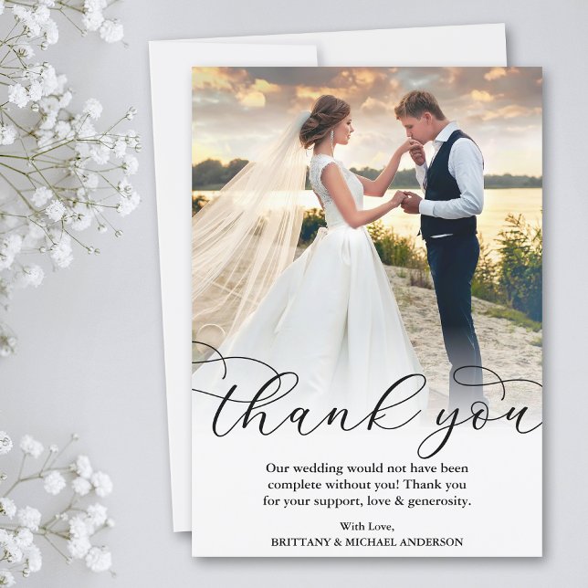 Elegant Vacker Calligraphy Bröllop Photo Tack Kort (Customize to add text or more photos to back of card.)