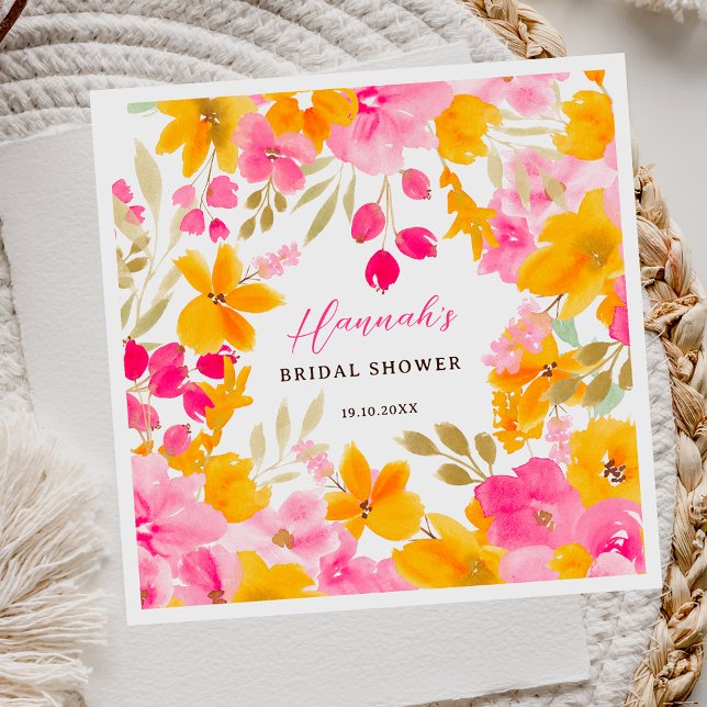 Elegant vacker gul rosa blomster vattenfärg bröllo pappersservett (Chic pretty yellow pink floral watercolor bridal napkins)
