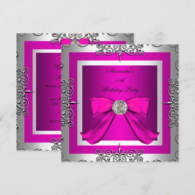 Elegant Vacker Het Rosa Silver Födelsedagsfest Inbjudningar (Fram/baksida)