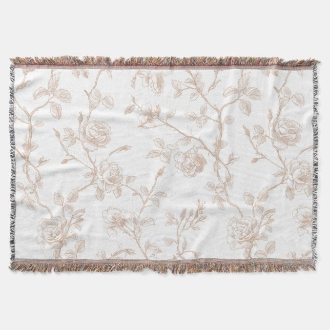 Elegant Vacker Krämvit Blommig Filt (Framsidan)