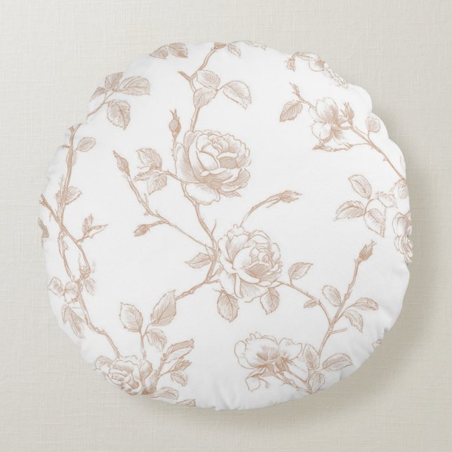 Elegant Vacker Krämvit Blommig Rund Kudde (Framsidan)