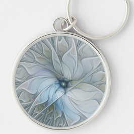 Elegant vacker modern abstrakt fraktal konst blomm rund silverfärgad nyckelring