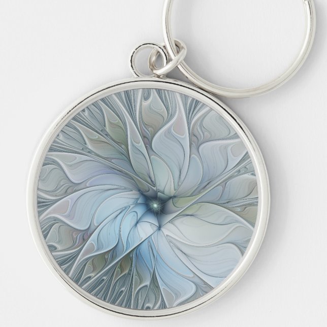 Elegant vacker modern abstrakt fraktal konst blomm rund silverfärgad nyckelring (Framsidan)