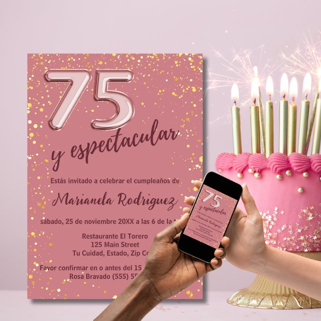 Elegant Vacker Roséguld 75-årsdag Spansk Inbjudningar (Skapare uppladdad)