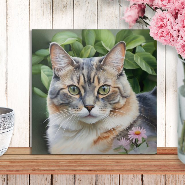 Elegant vacker utspädd sköldpaddskatt i trädgården kakelplatta (A decorative ceramic wall tile with picture of a dilute tortoiseshell cat in a garden with flowers)