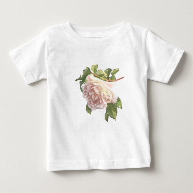 Elegant, vackert blåsande vit elfenben rosa ros t shirt (Framsida)