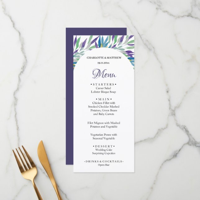 Elegant Vackert Lila Boho Blommigt Watercolor Meny (Fram/Back In Situ)