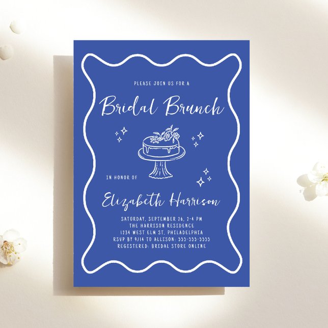 Elegant vågig ram fransk blå bröllopsbrunch firand inbjudningar (Chic Wavy Frame French Blue Bridal Brunch Shower Invitation)