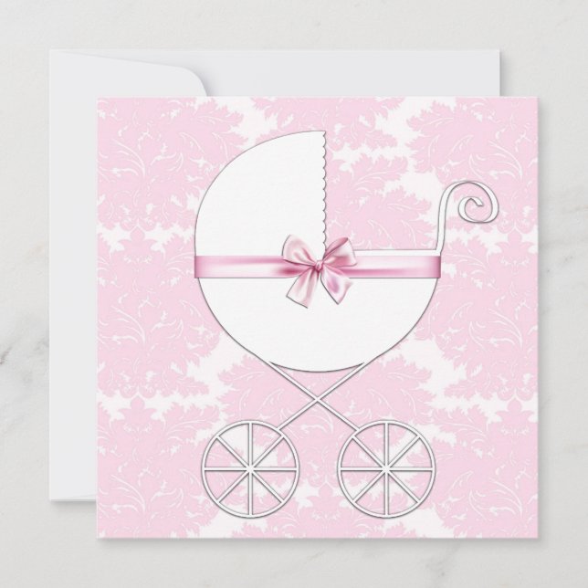 Elegant vagn Rosa Damask Barnkalas Inbjudan (Framsida)