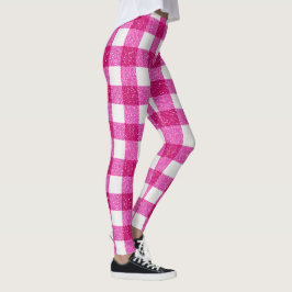 Elegant Valentine Pink Glitter Tartan on White Leggings