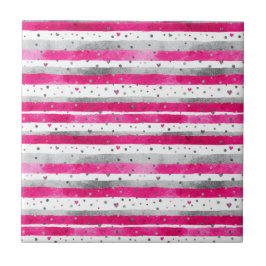 Elegant Valentine Pink Silver Hearts on Striped Kakelplatta