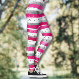 Elegant Valentine Pink Silver Hearts on Striped Leggings