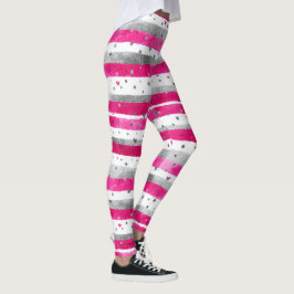 Elegant Valentine Pink Silver Hearts on Striped Leggings