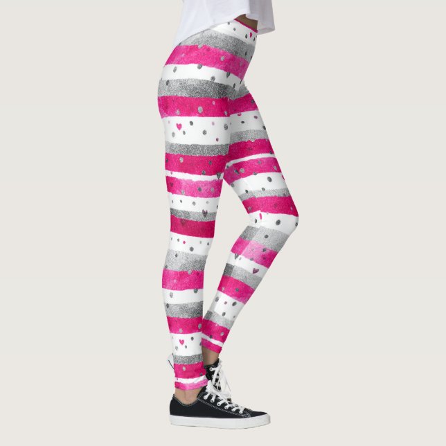 Elegant Valentine Pink Silver Hearts on Striped Leggings (Höger)