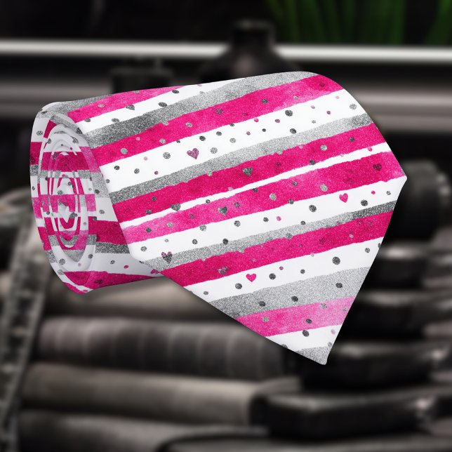 Elegant Valentine Pink Silver Hearts on Striped Slips (Skapare uppladdad)