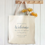 Elegant Välkommen Bröllop Guest Favors Dusty Blue Tygkasse<br><div class="desc">Elegant, klassisk gästväska i bröllop har en chic i trendig dammblått på en genomskinlig bakgrund som visar det naturliga bakgrundsmaterialet & färg. Denna moderna enkla design ger tidlös, klassisk sofistikering. Anpassa namn för paret och händelsemedagen i elegant, dammig blå text och skript. Det här är en perfekt som medföljer vilken...</div>