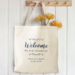 Elegant Välkommen Bröllop Hotel Guest Favor Blue Tygkasse<br><div class="desc">Elegant, klassisk gästväska i bröllop har en chic i trendigets marinblått på en genomskinlig bakgrund som visar det naturliga bakgrundsmaterialet & färg. Denna moderna enkla design ger tidlös, klassisk sofistikering. Anpassa namn för paret och händelsemedagen i elegantens blå text och skript. Det här är en perfekt som medföljer vilken bröllopsfest...</div>