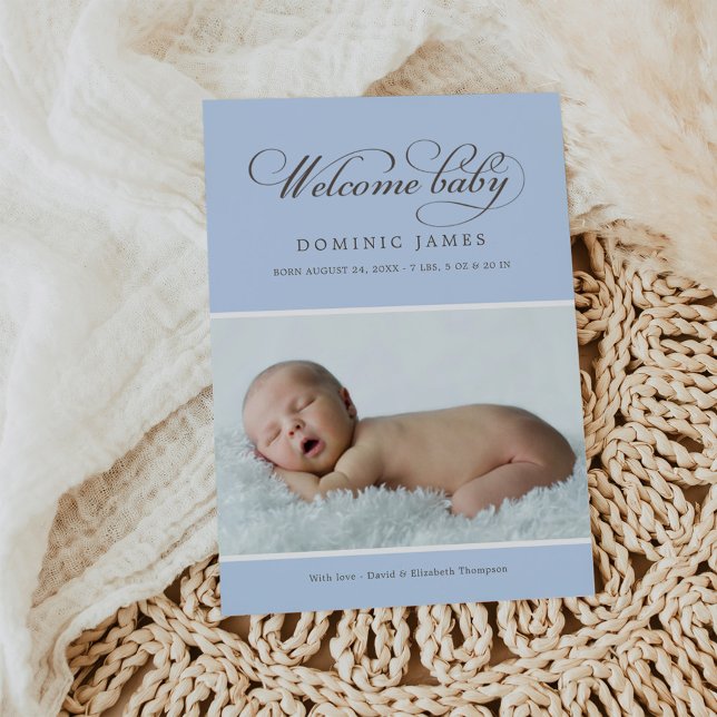 Elegant Välkommen Pojke Powder Blue Photo Birth Meddelande (Skapare uppladdad)