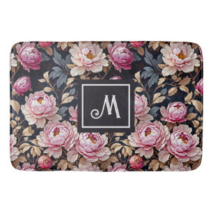 Elegant Välkommen Rosa Peony Blommigt Monogram Badrumsmatta