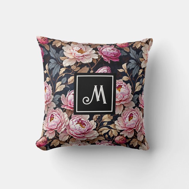 Elegant Välkommen  Rosa Peony Blommigt Monogram Kudde (Framsida)