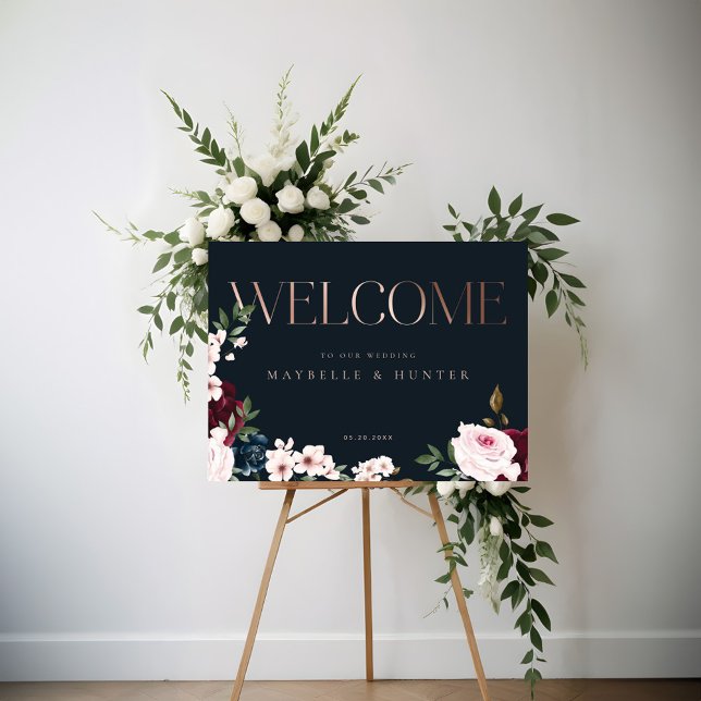 Elegant Välkomna Ro Burgundy och marinens Blommigt Poster (Elegant Welcome Rose Gold Burgundy & Navy Florals Poster)