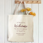 Elegant Välkomsthälsa Bröllop Hotel Guest Favor Bu Tygkasse<br><div class="desc">Elegant, klassisk gästväska i bröllop har en chic i klassisk burgundröd mot en genomskinlig bakgrund som visar det naturliga bakgrundsmaterialet & färg. Denna moderna enkla design ger tidlös, klassisk sofistikering. Anpassa namn för paret och händelsemedatum i elegant och skript. Det här är en perfekt som medföljer vilken bröllopsfest som helst...</div>