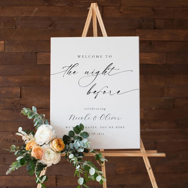 Elegant välkomstskylt för repetitionsmiddagen kväl poster (Black and White Welcome to Rehearsal Dinner Sign Sophisticated Script)