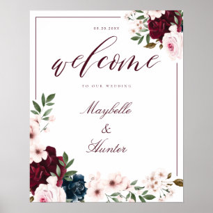 Elegant Välkomstvattenfärgen Burgundy & marin Blom Poster