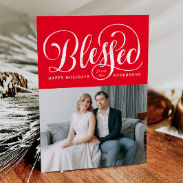 Elegant Välsignad Handskriven Skrift Röd Foto Julkort