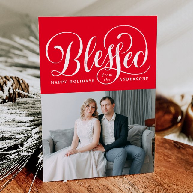 Elegant Välsignad Handskriven Skrift Röd Foto Julkort (Skapare uppladdad)