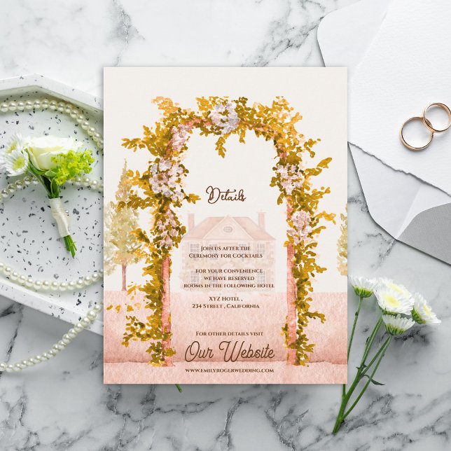 Elegant valvackert bryllup i akvarellstil tilläggskort (Elegant Watercolor Garden Arch Wedding Details Card Rustic Countryside Information Enclosure Card)