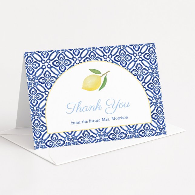 Elegant valvbåge Amalfi-citroner Bröllopsdusch Tack Kort (Lemons thank you card with blue tiles and modern arch detail)