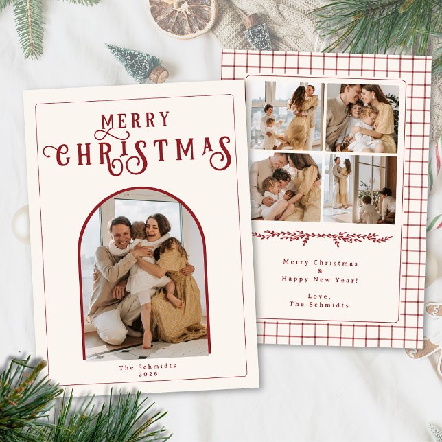 Elegant välvd julkort med röd karottärtryck (Photo Holiday Card with Arch Frame and Plaid Check )