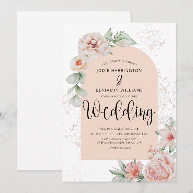 Elegant välvd | Vårpersika blommande bröllop Inbjudningar (Fram/baksida)