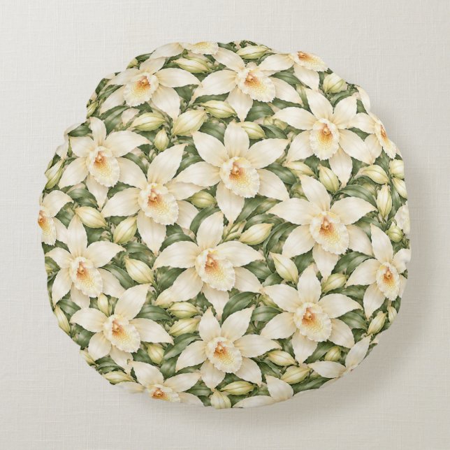 Elegant Vaniljblommönster Rund Kudde (Framsidan)